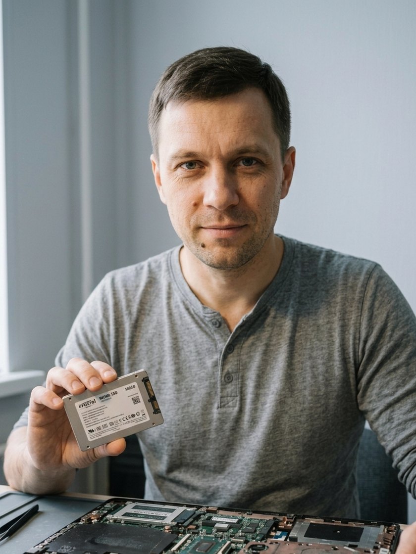 Игорь показывает SSD перед установкой в разобранный ноутбук
